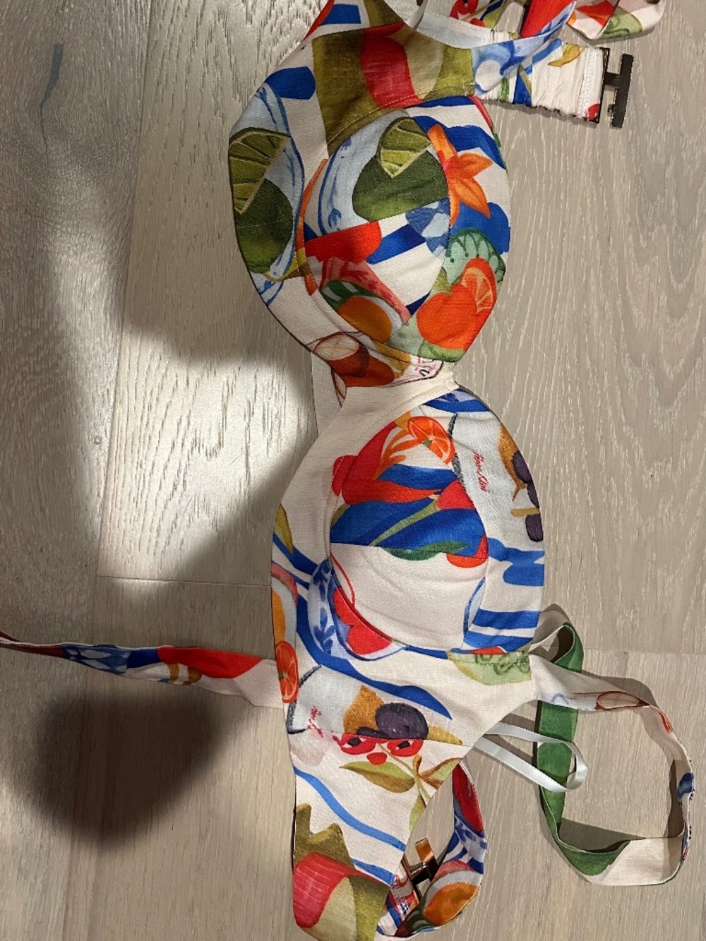 Colorful bra/bustier top with fruits and tie in back